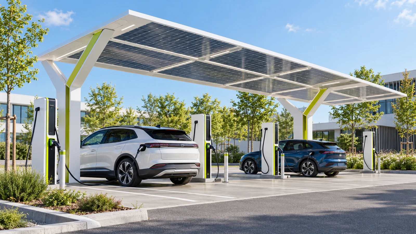Elektromos autók napelemes töltőállomáson, szemléltető látványterv